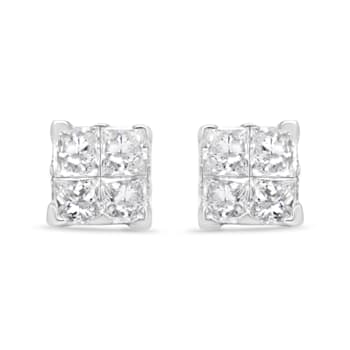 Sterling Silver 5/8ctw Princess Cut Diamond Invisible Set Quad Composite
Stud Earrings