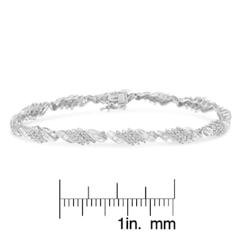 Sterling Silver 1.50ctw Round and Baguette Cut Diamond Wave Link Bracelet