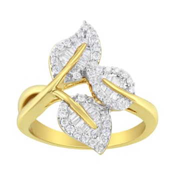 10K Yellow and White Gold 1/2ctw Mixed Shape Diamond Triple Leaf Ring
(I-J Color, I1-I2 Clarity)