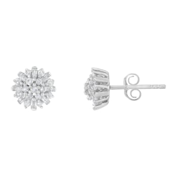 Sterling Silver 1/2 Round and Baguette Diamond Sunburst Floral Cluster
Stud Earrings