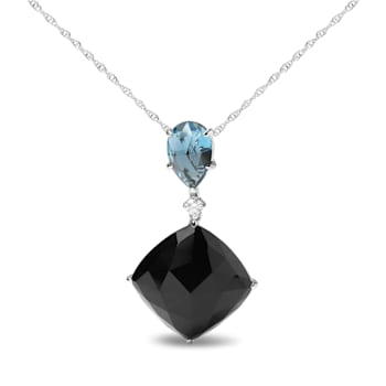 18K White Gold Cushion Black Onyx and Pear Cut Blue Topaz with Diamond
Accent Dangle Drop Pendant