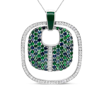 Sterling Silver Green Enamel with 1/2ctw Diamond, Sapphire, and
Tsavorite 18" Pendant w\chain