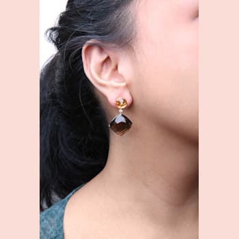 18K Yellow Gold Round Citrine and Cushion Cut Smoky Quartz Gemstone with
Diamond Accent Earrings