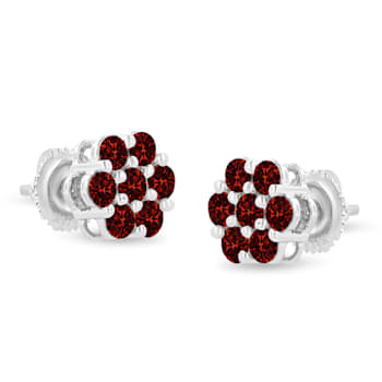 14K White Gold 1.0ctw Treated Red Diamond Prong Set 7 Stone Floral Stud Earrings