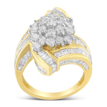 10K Yellow Gold Round and Baguette Diamond Crossover Cluster Ring (3ctw,
I-J Color, I1-I2 Clarity)