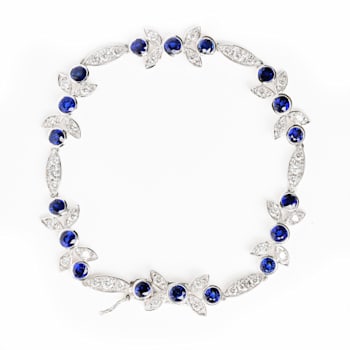 18K White Gold Round Blue Sapphire and Round Diamonds Floral Design Link Bracelet