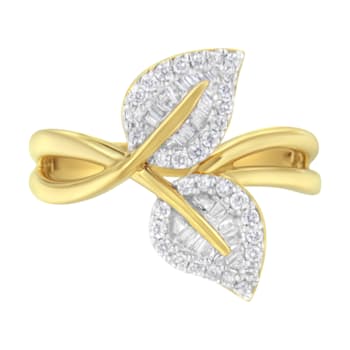 10K Yellow Gold 3/8ctw Round and Baguette-Cut Diamond Leaf Cocktail Ring
(I-J Color, I1-I2 Clarity)