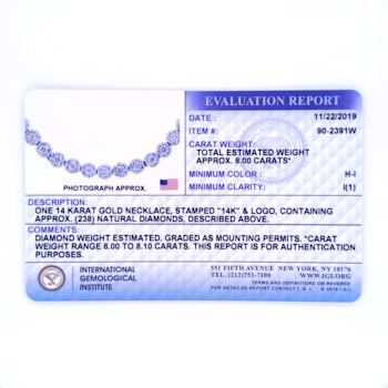 14K White Gold IGI Certified 8.0ctw Diamond Graduating Riviera Necklace
(H-I Color, I1 Clarity)
