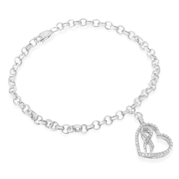 Sterling Silver .25ctw Diamond-Accented Heart and Ribbon Charm 7"
Link Chain Bracelet