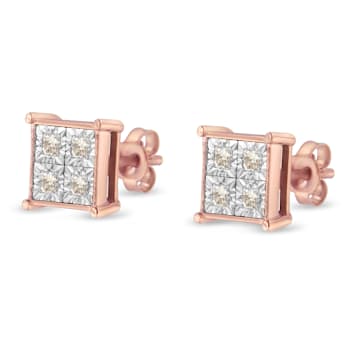 10K Rose Gold Over Sterling Silver Princess Diamond Quad Stud Earrings 0.5ctw