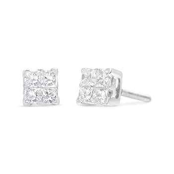 Sterling Silver 5/8ctw Princess Cut Diamond Invisible Set Quad Composite
Stud Earrings