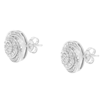 Sterling Silver .25ctw Baguette and Round Diamond Swirl Love Knot Stud Earrings