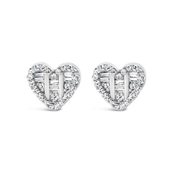 Sterling Silver 1/2 Cttw Round and Baguette Diamond Composite Heart
Shaped Stud Earring