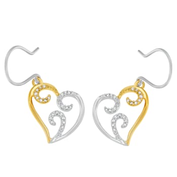 10K Two-tone Gold Round Diamond Heart Dangle Earrings 1/4ctw
