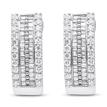 14K White Gold 1 1/2ctw Round and Baguette Cut Diamond Earrings