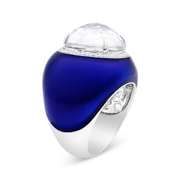 18K White Gold 14mm White Quartz and 1/5 Cttw Diamond Halo with Blue
Enamel Dome Ring