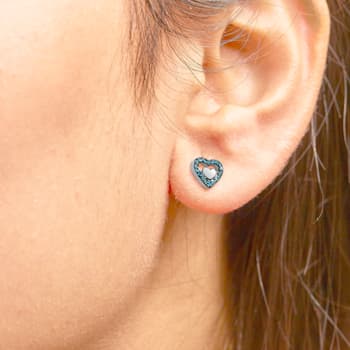 Sterling Silver 1/6 Cttw Blue Diamond Open Double Heart Stud Earrings