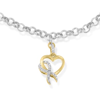 10K Yellow Gold 1/10ctw Diamond Awareness Ribbon & Heart Charm .925
Sterling Silver Rolo Bracelet