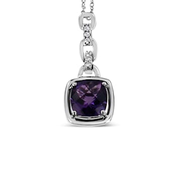 .925 Sterling Silver 6x6MM Cushion Purple Amethyst and Diamond Accented
Bale 18" Pendant Necklace