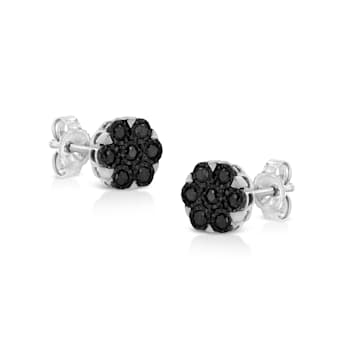 Sterling Silver 1/4ctw Black Color Treated Diamond Cluster Flower Stud Earrings