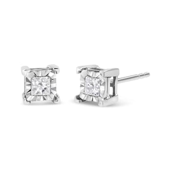 Sterling Silver 1/4ctw Miracle Set Princess-cut Diamond Solitaire Stud Earrings