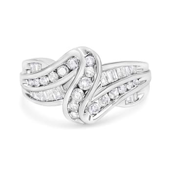 10K White Gold Ring 3/4ctw Round and Baguette-Cut Diamond Bypass Ring
(H-I Color, I2-I3 Clarity)