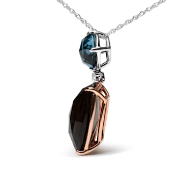 18K Two-tone Gold Cushion Cut Smoky Quartz and Round Blue Topaz Gemstone
with Diamond Accent Pendant