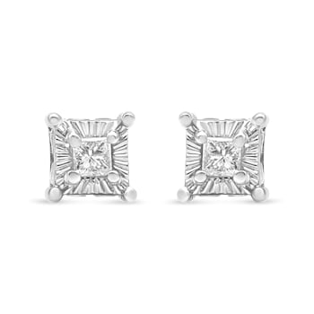 Sterling Silver 1/4ctw Miracle Set Princess-Cut Diamond Solitaire Stud
Earrings with Hidden Halo