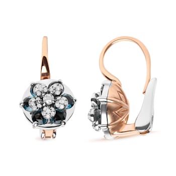 18K Two-tone Gold Round Blue Topaz and Round Diamonds Cluster Floral
Drop Hoop Earrings