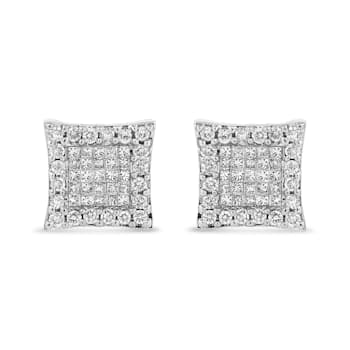 14K White Gold 1.0ctw Princess And Round-Cut Diamond Square Stud Earrings