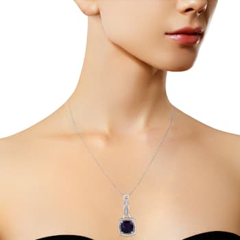 .925 Sterling Silver 6x6MM Cushion Purple Amethyst and Diamond Accented
Bale 18" Pendant Necklace