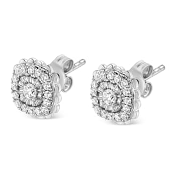 Sterling Silver 1/2ctw Round-Cut Diamond Halo Cluster Stud Earring