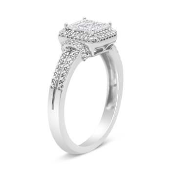 Sterling Silver 1/4ctw Princess-cut Diamond Composite Ring with Beaded Halo