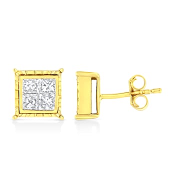14K Yellow Gold 1.0ctw Invisible Set Princess-Cut Diamond Composite 8
Stone Stud Earrings