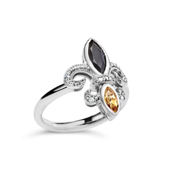 Sterling Silver Black Onyx and Yellow Citrine Marquise and Diamond
Accent Fleur De Lis Ring