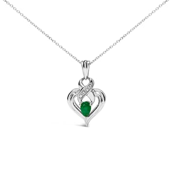 Sterling Silver Pear Emerald and Diamond Accent Heart Pendant Chain- 18 Inches