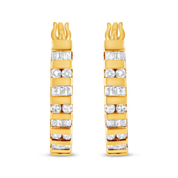 10K Yellow Gold 1.0ctw Round and Baguette-Cut Diamond Hoop Earrings
