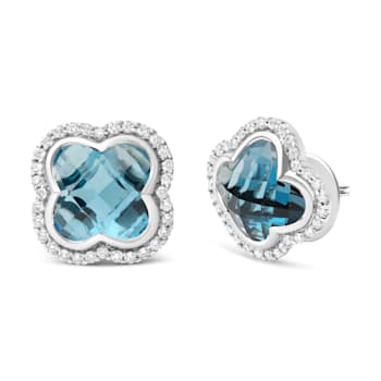 18K White Gold Clover Cut Blue Topaz Gemstone with Round Diamonds Halo
Stud Earrings