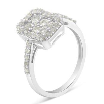 Sterling Silver 1.0ctw Diamond Emerald-Shaped Cluster with Halo Ring
(I-J Color, I3 Clarity)