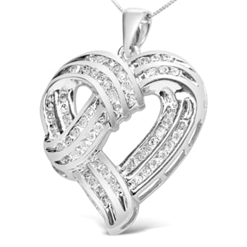 1.25ctw Round Diamond Openwork Ribbon Heart Sterling Silver Pendant with Chain