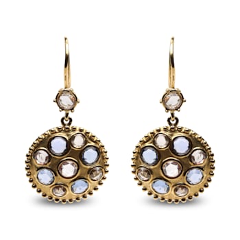 18K Yellow Gold Special Cut Round Blue Sapphire with White and Brown
Diamond Cluster Dangle Earrings