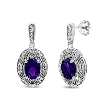Sterling Silver Diamond Accent and 8x6mm Purple Oval Amethyst Stud Earrings