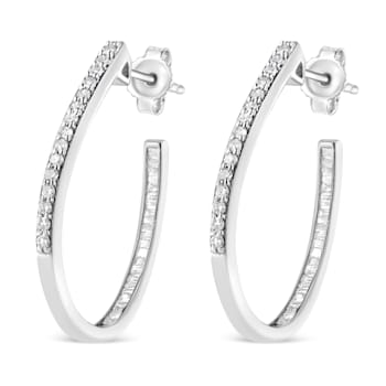 Sterling Silver 1/2ctw Round and Baguette-Cut Diamond Inside-Outside
Hoop Earrings