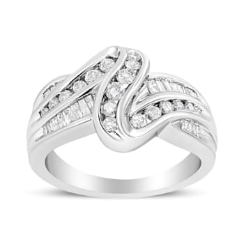10K White Gold Ring 3/4ctw Round and Baguette-Cut Diamond Bypass Ring
(H-I Color, I2-I3 Clarity)