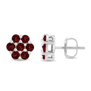 14K White Gold 1.0ctw Treated Red Diamond Prong Set 7 Stone Floral Stud Earrings