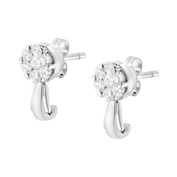 14K White Gold 3/4ctw Diamond Floral Cluster Drop and Dangle Stud Earrings