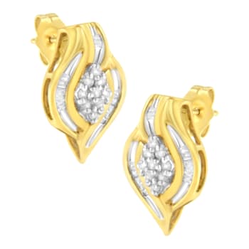10K Yellow Gold 1/3ctw Round-Cut Diamond Cluster and Swirl Stud Earrings