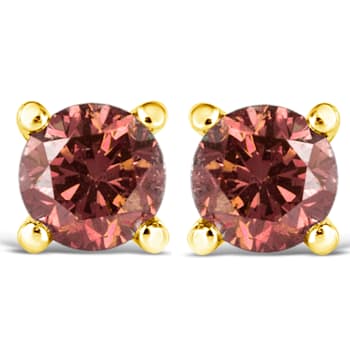 14K Yellow Gold 3/4ctw Round Brilliant-Cut Pink Diamond Solitaire Stud Earrings