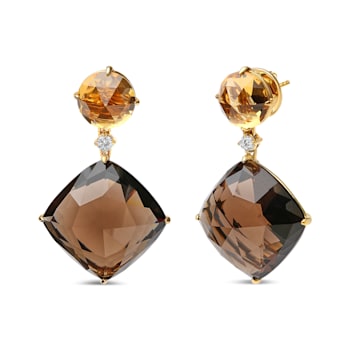 18K Yellow Gold Round Citrine and Cushion Cut Smoky Quartz Gemstone with
Diamond Accent Earrings