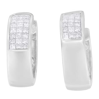 14K White Gold 1 1/8ctw Princess and Round Cut Diamond Huggie Earrings